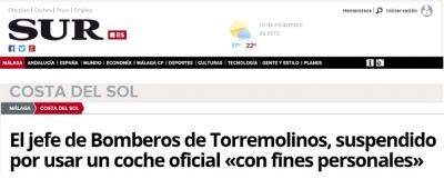 El jefe de Bomberos de Torremolinos, suspendido por usar un coche oficial &laquo;con fines personales&raquo;